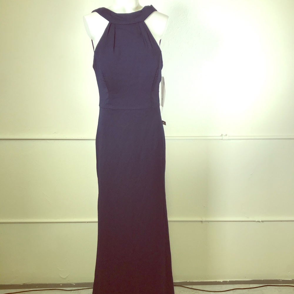 Hayley Paige Mock Neck Strappy Back Crepe Dress